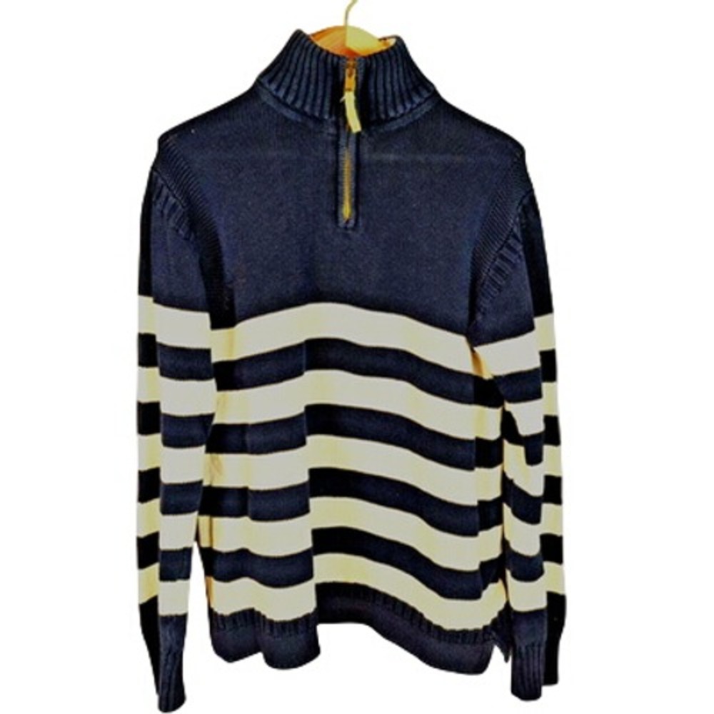 Boden Mens 1/4 Zip Pullover Sweater Size M Medium Navy Blue White Stripe Cotton